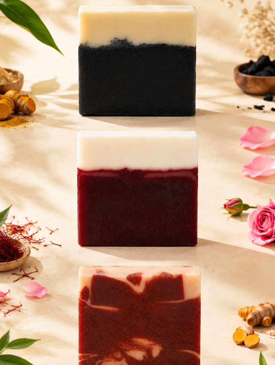 Three rectangular handmade soap bars arranged vertically on a beige fabric surface with warm sunlight and shadows. The soaps have layered or swirled tops: one cream and black, one white and deep red, and one cream and dark red.