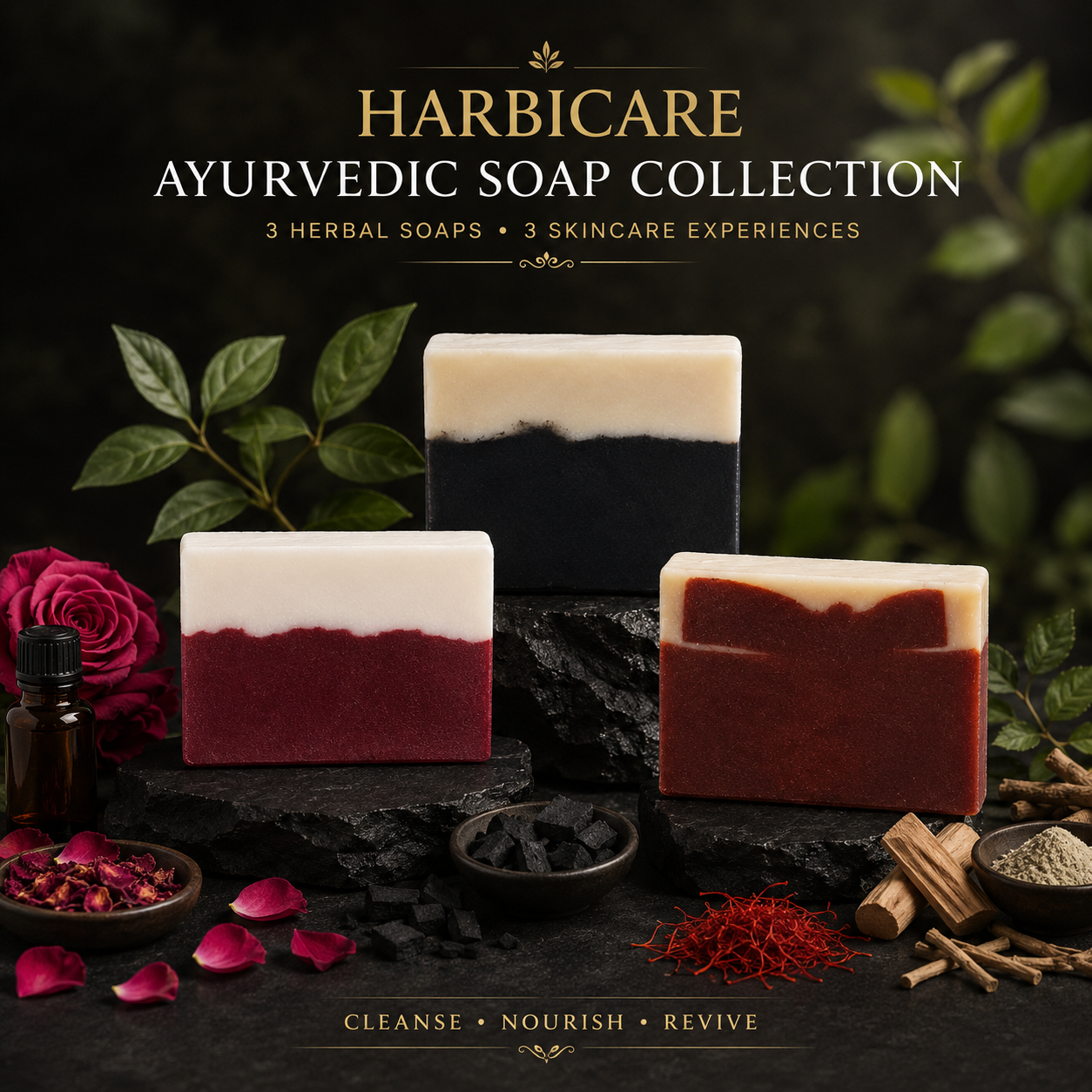 Harbicare 3 Soap Variety Combo – Charcoal, Bulgarian Rose & Sandal Arom