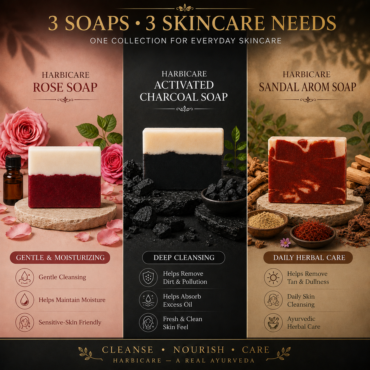 Harbicare 3 Soap Variety Combo – Charcoal, Bulgarian Rose & Sandal Arom